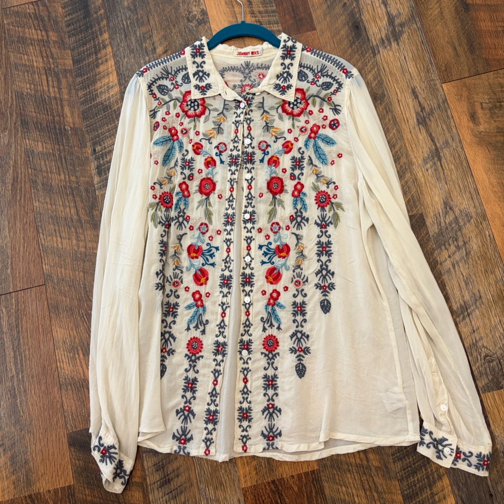 Johnny Was Cream Floral Embroidered Shirt